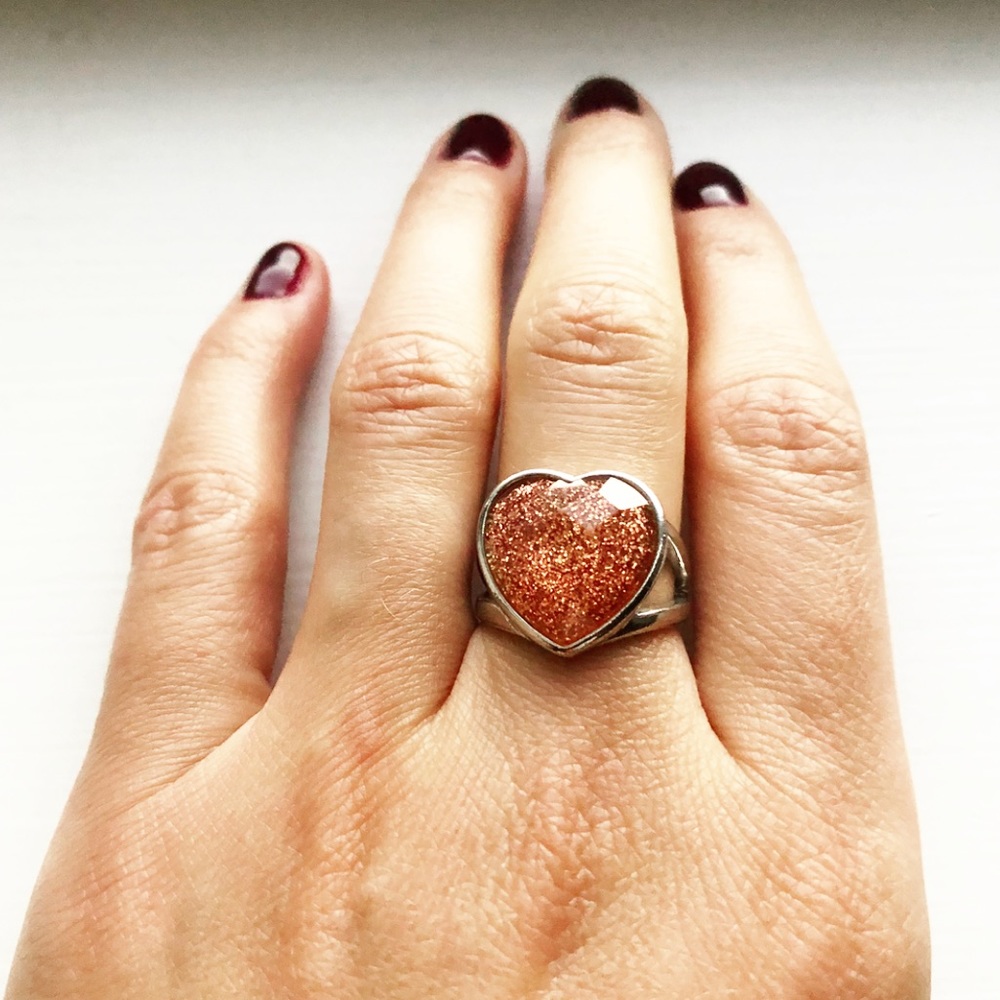 Silver & coral pink sparkle heart ring